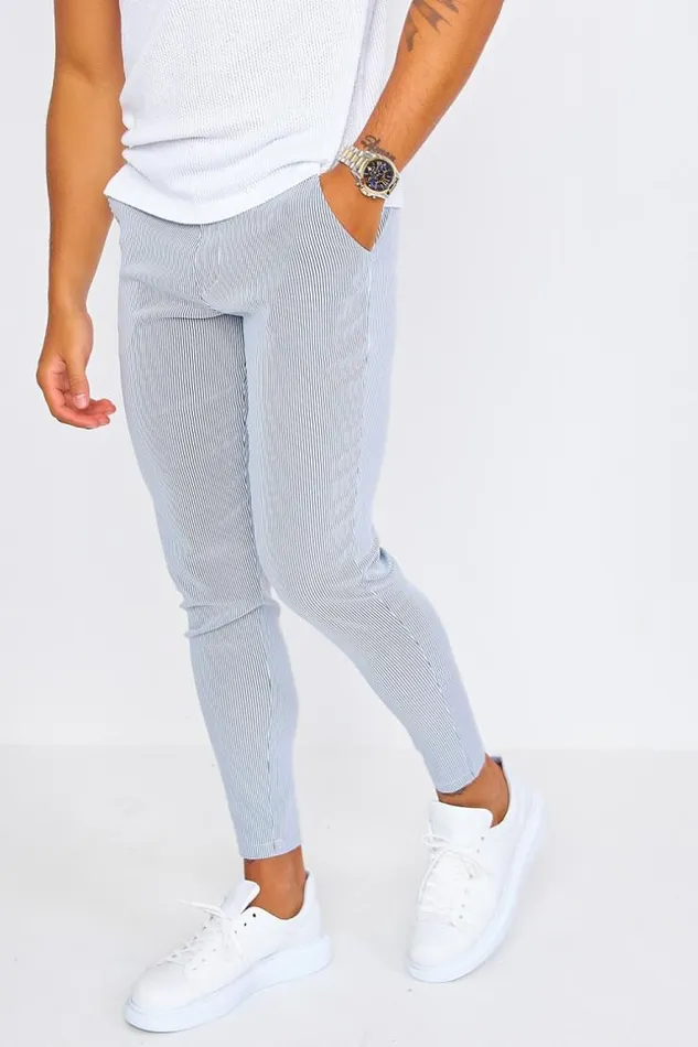Men Grey Chino Trousers With Grey White Stripes Grey Brentiny Paris Pants