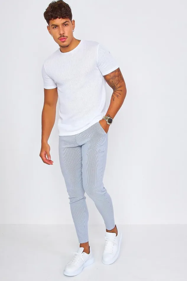 Men Grey Chino Trousers With Grey White Stripes Grey Brentiny Paris Pants