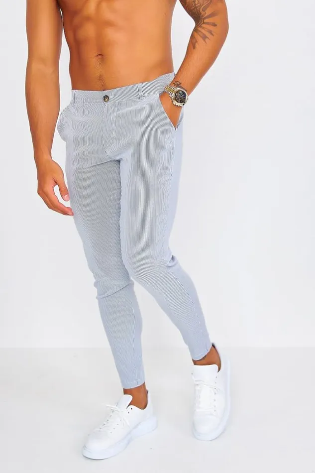 Men Grey Chino Trousers With Grey White Stripes Grey Brentiny Paris Pants
