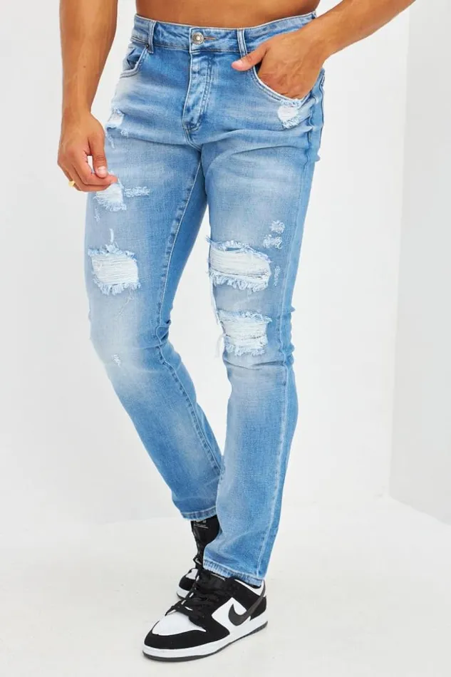 Men Jean Slim Effet Dchir Bleu Clair Bleuclair Brentiny Paris Jeans