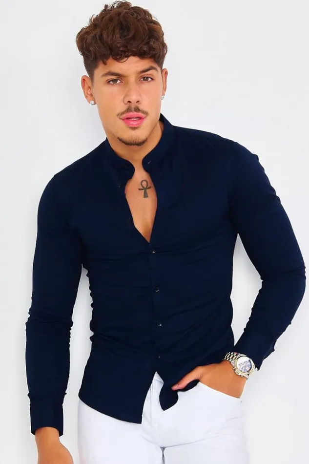 Men Navy Blue Collar Shirt Blue Brentiny Paris Shirts