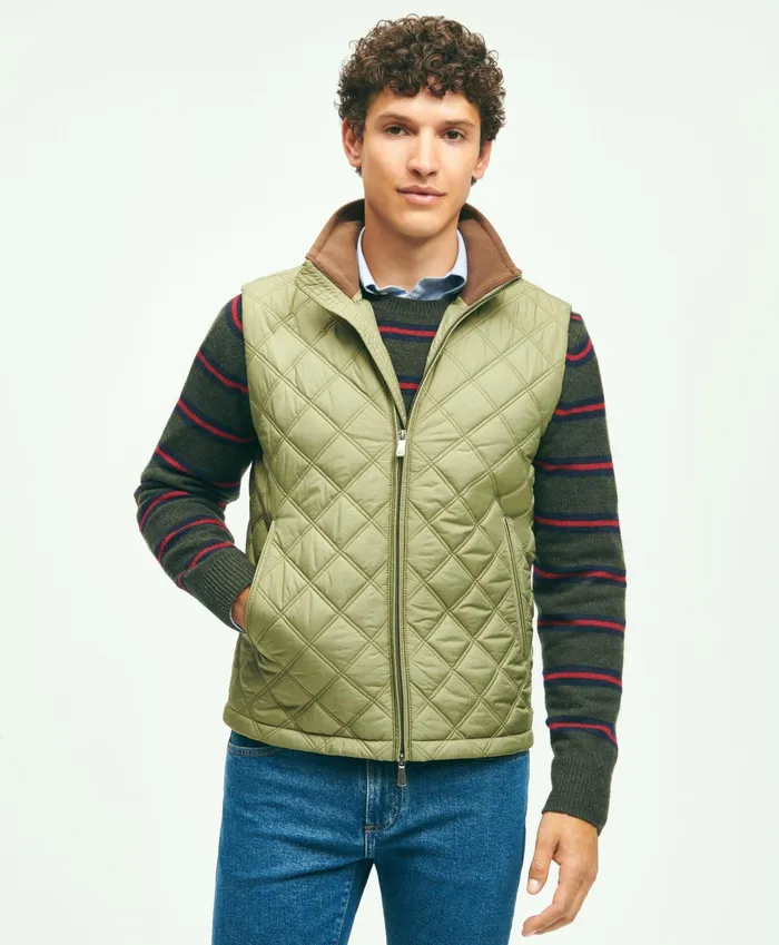 Men Paddock Diamond Quilted Vest Olive Brooks Brothers Coats and Jackets
