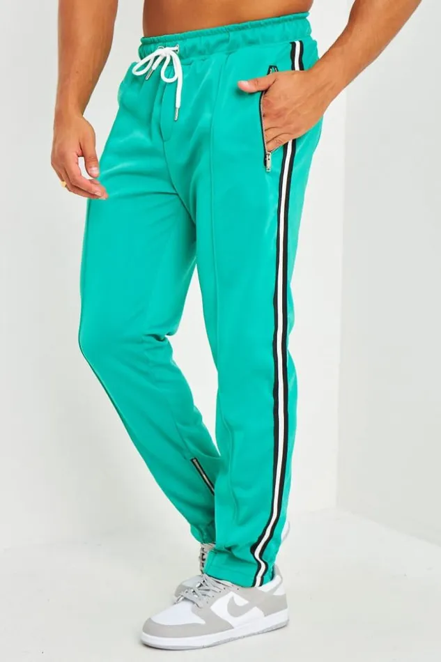 Men Pantalon De Jogging Vert Satin Bandes Et Zips Green Brentiny Paris Jogging Bottoms