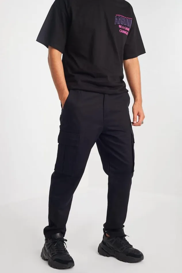 Men Pantalon Noir En Toile Poches Cargos Black Brentiny Paris Pants