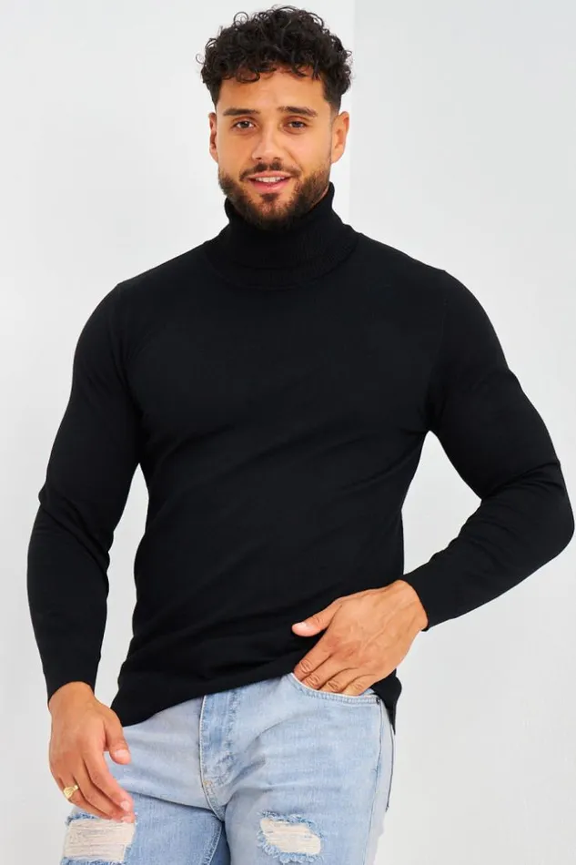Men Plain Roll Neck Jumper In Black Black Brentiny Paris Sweatshirts and Pullovers
