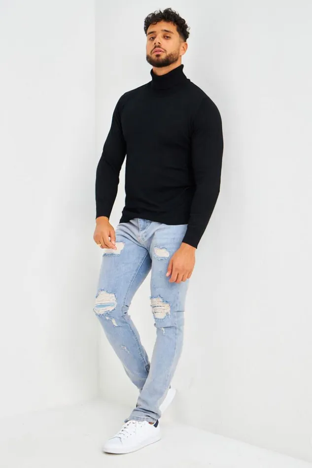 Men Plain Roll Neck Jumper In Black Black Brentiny Paris Sweatshirts and Pullovers