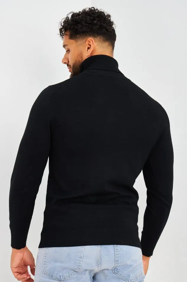 Men Plain Roll Neck Jumper In Black Black Brentiny Paris Sweatshirts and Pullovers