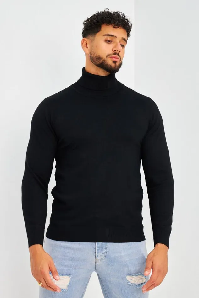 Men Plain Roll Neck Jumper In Black Black Brentiny Paris Sweatshirts and Pullovers