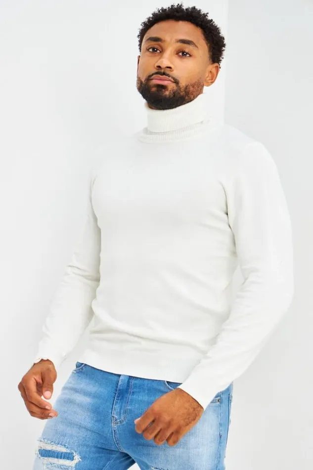 Men Plain Roll Neck Jumper In White White Brentiny Paris Sweatshirts and Pullovers