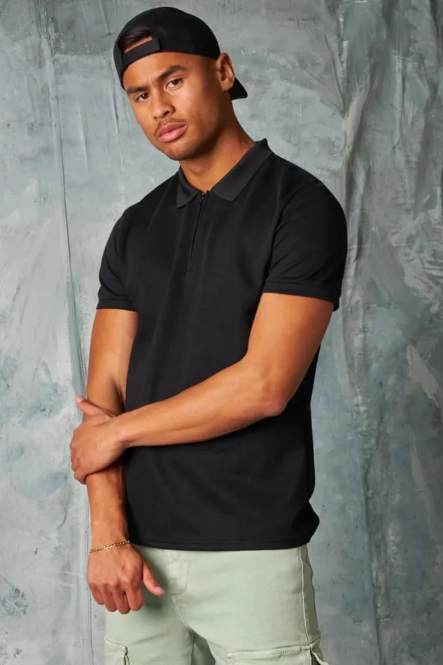 Men Polo Manches Courtes Col Zipp Noir Black Brentiny Paris Polo Shirts