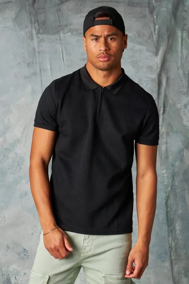 Men Polo Manches Courtes Col Zipp Noir Black Brentiny Paris Polo Shirts