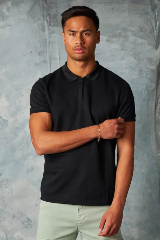 Men Polo Manches Courtes Col Zipp Noir Black Brentiny Paris Polo Shirts