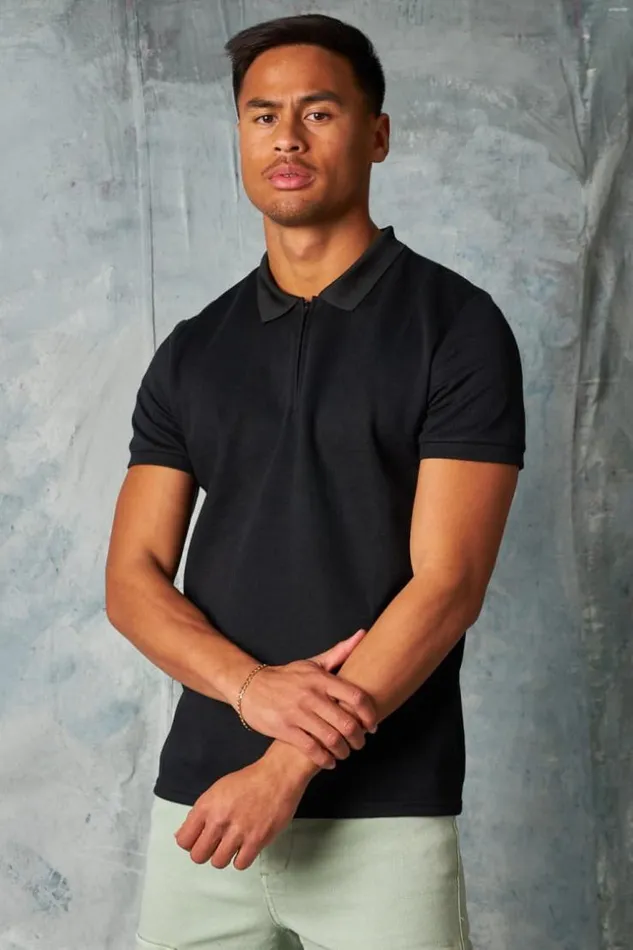 Men Polo Manches Courtes Col Zipp Noir Black Brentiny Paris Polo Shirts