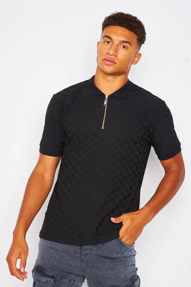Men Polo TShirt In Black With Checkerboard Print Black Brentiny Paris Polo Shirts