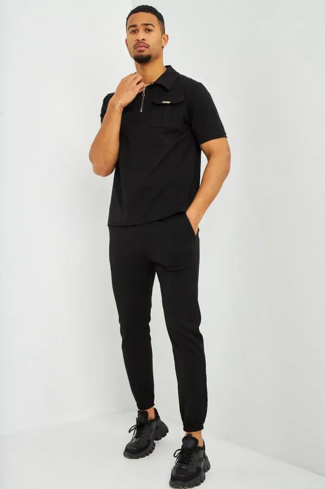 Men Polo Uni Noir Col Zipp Poches Black Brentiny Paris Polo Shirts