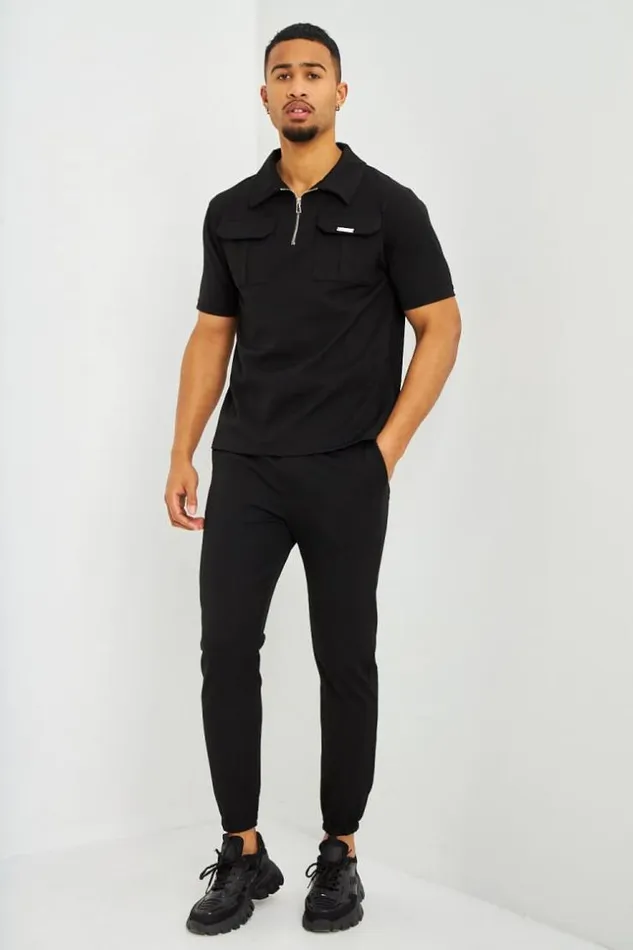 Men Polo Uni Noir Col Zipp Poches Black Brentiny Paris Polo Shirts