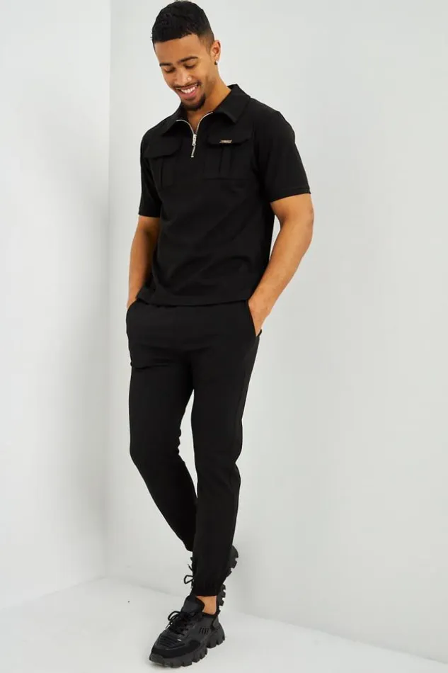 Men Polo Uni Noir Col Zipp Poches Black Brentiny Paris Polo Shirts