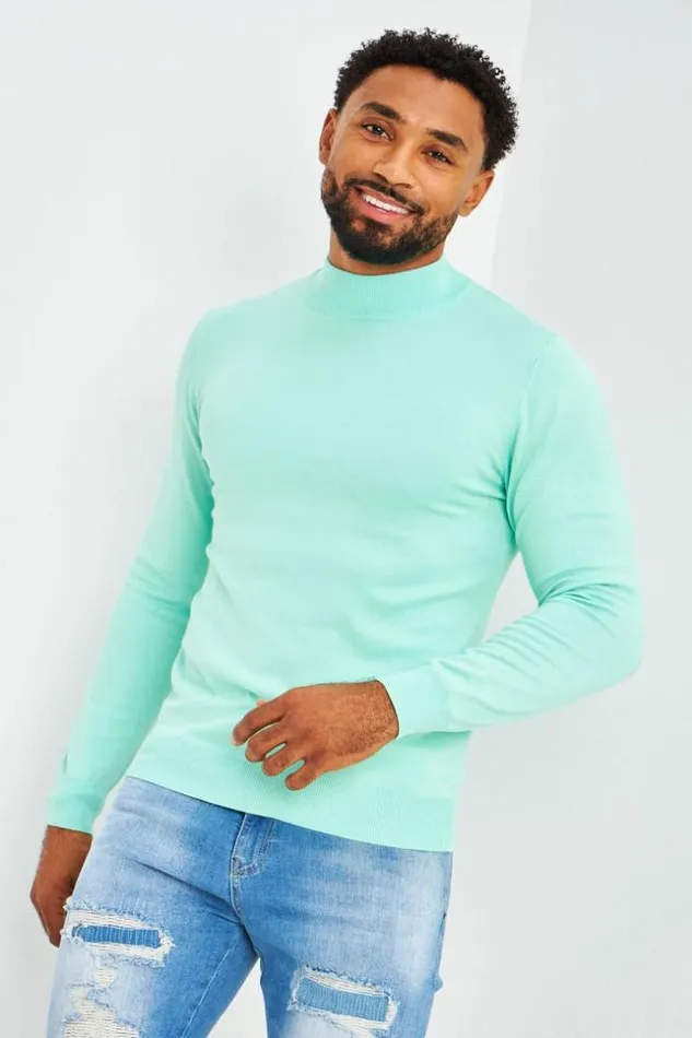 Men Pull Col Montant Vert D039eau Green Brentiny Paris Sweatshirts and Pullovers