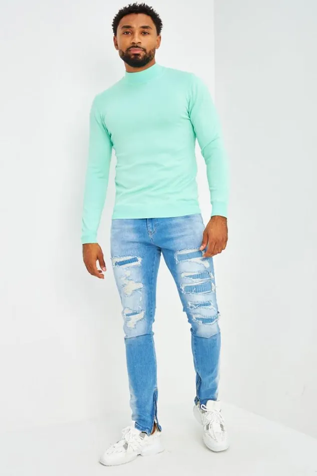 Men Pull Col Montant Vert D039eau Green Brentiny Paris Sweatshirts and Pullovers