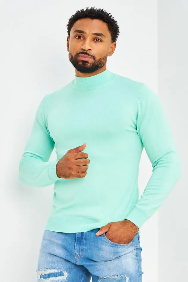 Men Pull Col Montant Vert D039eau Green Brentiny Paris Sweatshirts and Pullovers