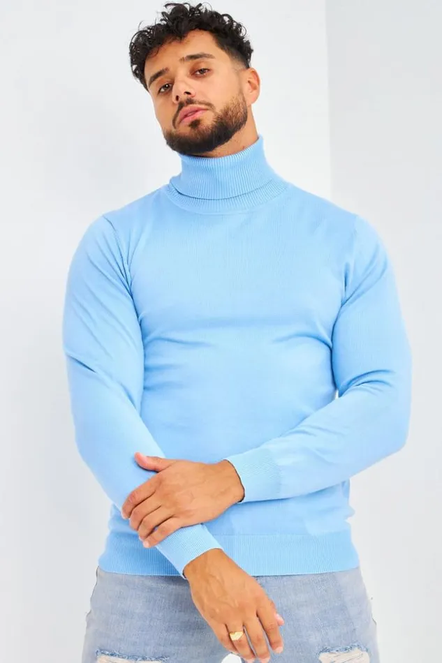 Men Pull Col Roul Bleu Clair Uni Bleuclair Brentiny Paris Sweatshirts and Pullovers