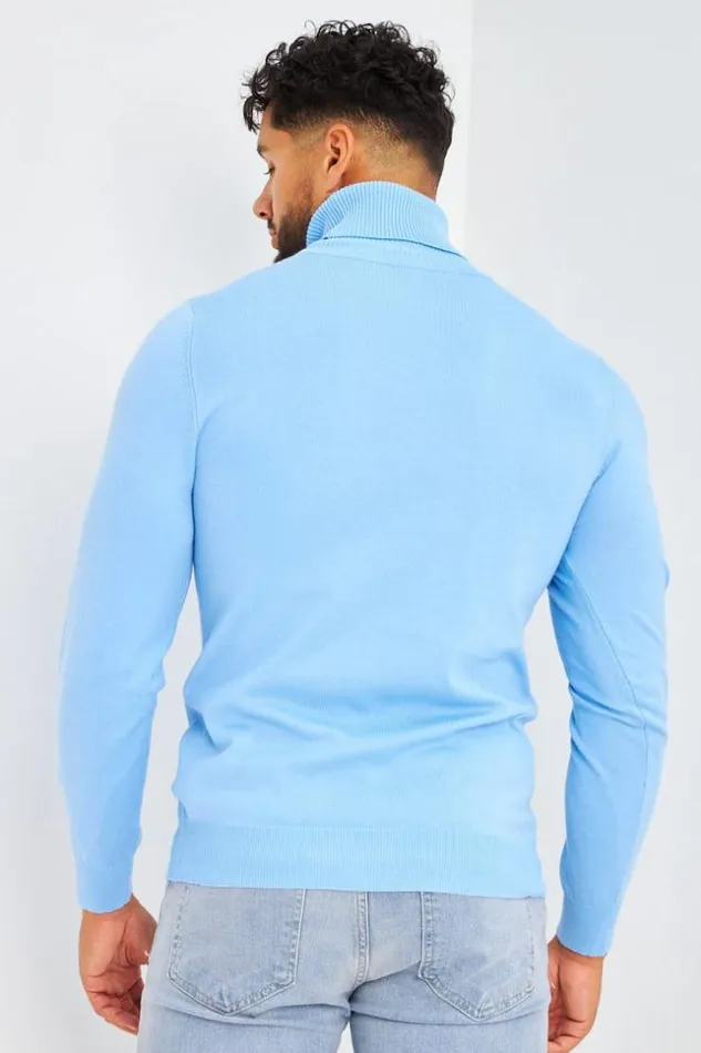 Men Pull Col Roul Bleu Clair Uni Bleuclair Brentiny Paris Sweatshirts and Pullovers