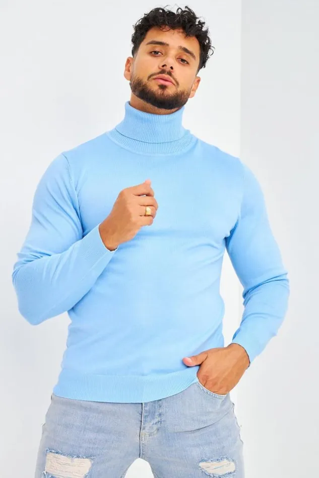 Men Pull Col Roul Bleu Clair Uni Bleuclair Brentiny Paris Sweatshirts and Pullovers