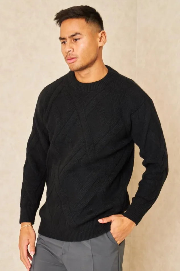Men Pull Noir Motif Crois Col Rond Black Brentiny Paris Sweatshirts and Pullovers