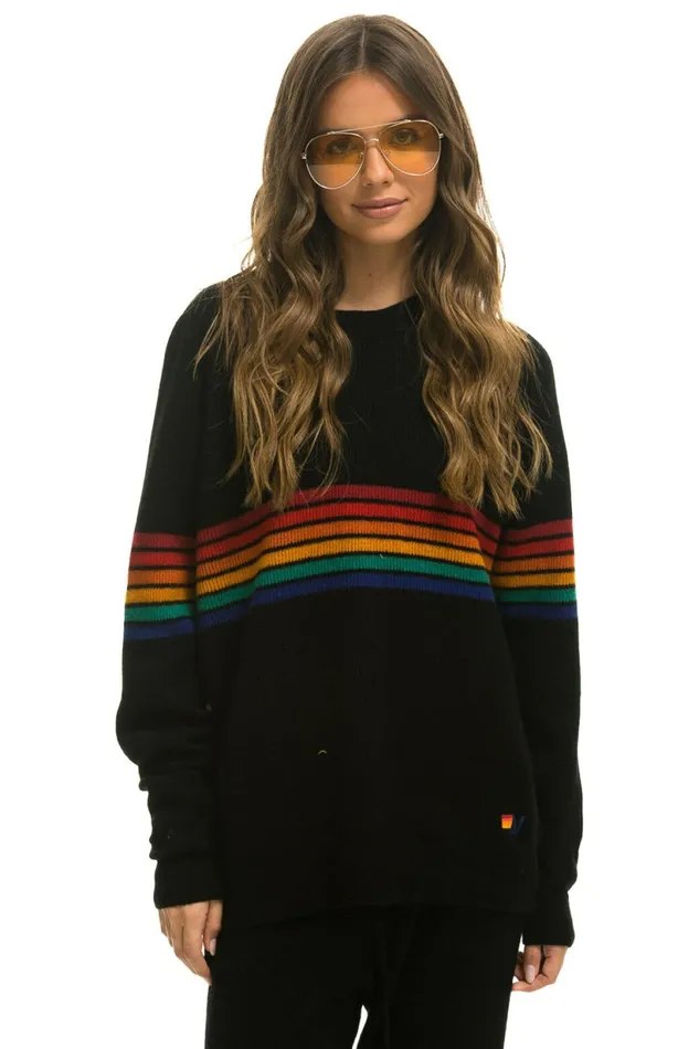 Men RAINBOW STRIPE 6 UNISEX CASHMERE SWEATER BLACK Aviator Nation CrewSweatshirts