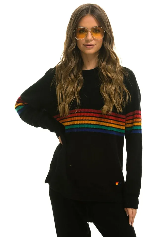 Men RAINBOW STRIPE 6 UNISEX CASHMERE SWEATER BLACK Aviator Nation CrewSweatshirts Men RAINBOW STRIPE 6 UNISEX CASHMERE SWEATER BLACK Aviator Nation CrewSweatshirts