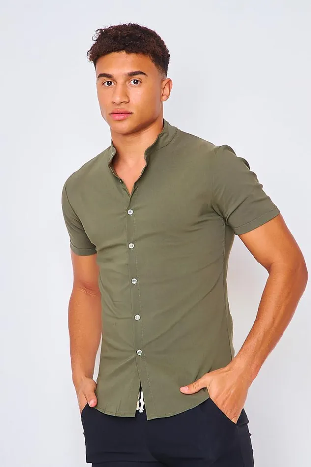 Men Short Sleeved Shirt In Khaki Green Brentiny Paris Shirts