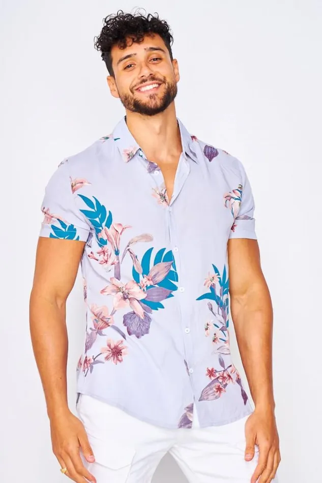 Men Soft ShortSleeved Shirt In Washed Purple Tropical Print Purple Brentiny Paris Shirts