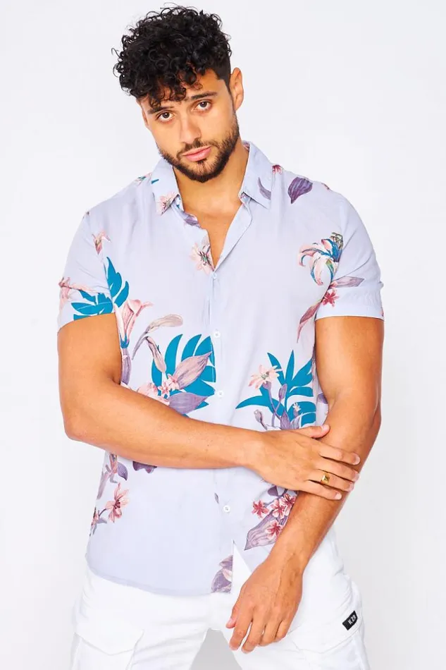 Men Soft ShortSleeved Shirt In Washed Purple Tropical Print Purple Brentiny Paris Shirts