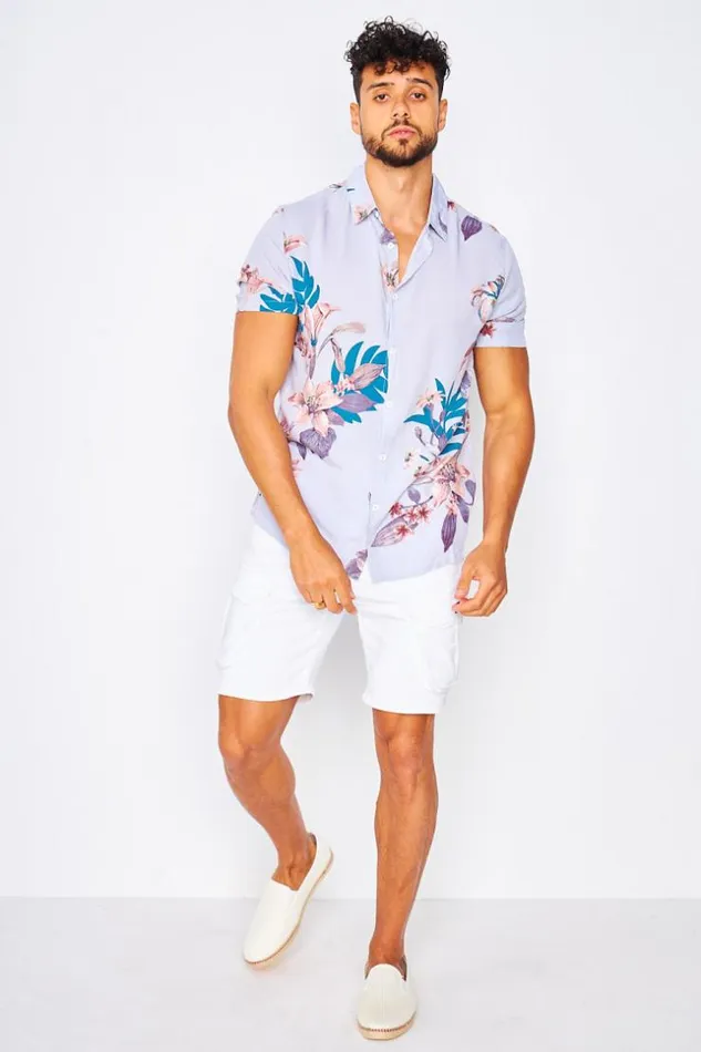 Men Soft ShortSleeved Shirt In Washed Purple Tropical Print Purple Brentiny Paris Shirts