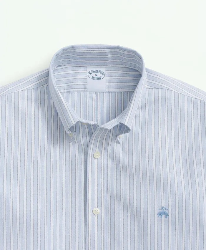 Men Stretch Cotton NonIron Oxford Polo ButtonDown Collar Outline Striped Shirt Blue Brooks Brothers Sport Shirts