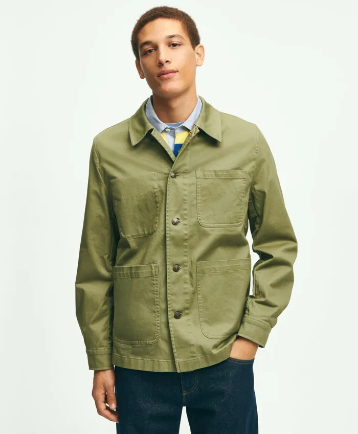 Men Stretch Cotton Twill Chore Jacket Olive Brooks Brothers Coats and Jackets