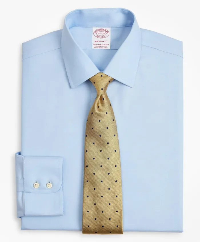 Men Stretch Madison RelaxedFit Dress Shirt NonIron Twill Ainsley Collar Light Blue Brooks Brothers Dress Shirts