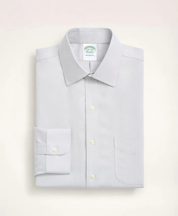 Men Stretch Milano SlimFit Dress Shirt NonIron Dobby Ainsley Collar Diamond Light Grey Brooks Brothers Dress Shirts