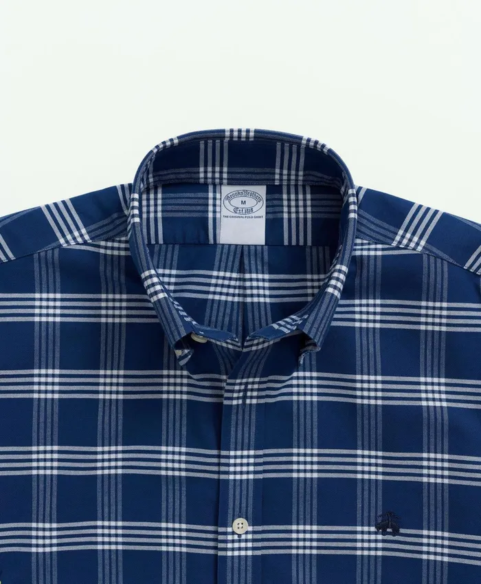 Men Stretch NonIron Oxford ButtonDown Collar GridCheck ShortSleeve Sport Shirt Blue Brooks Brothers Sport Shirts