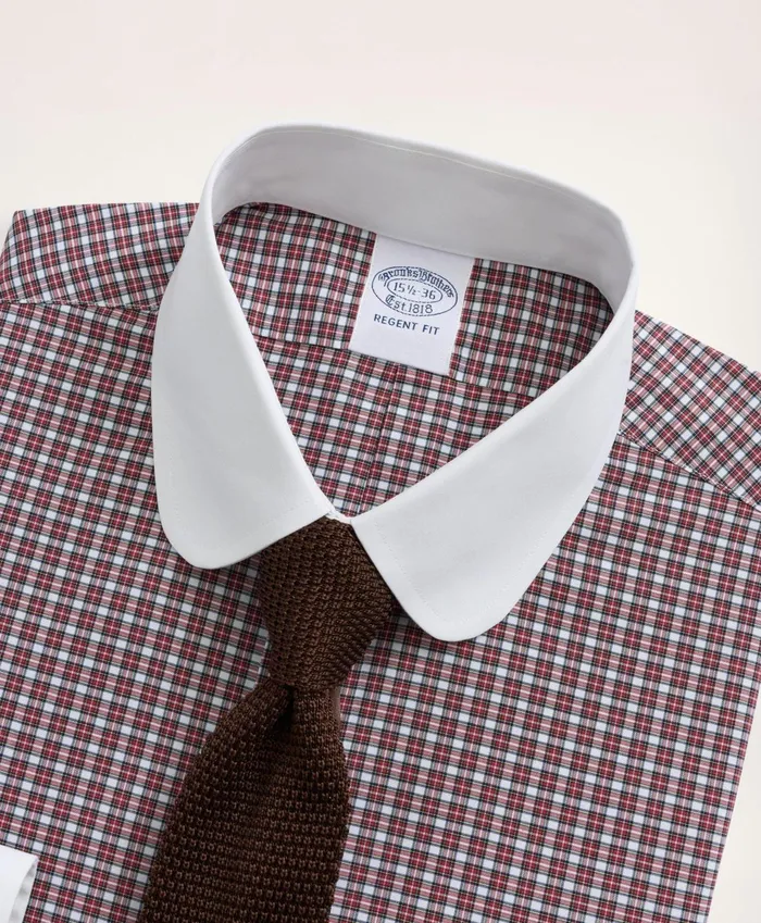 Men Stretch Regent RegularFit Dress Shirt NonIron Poplin Club Collar MicroTartan White Brooks Brothers Dress Shirts