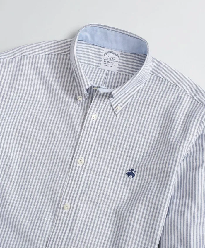 Men Stretch Regent RegularFit Sport Shirt NonIron Bengal Stripe Oxford Sodalite Brooks Brothers Sport Shirts