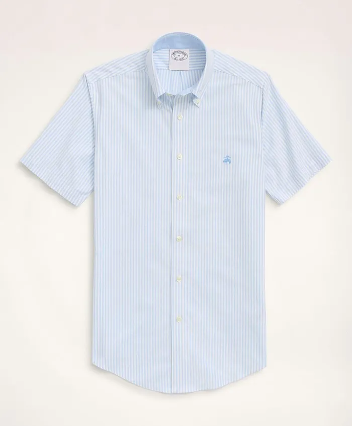 Men Stretch Regent RegularFit Sport Shirt NonIron ShortSleeve Bengal Stripe Oxford Vista Blue Brooks Brothers Sport Shirts
