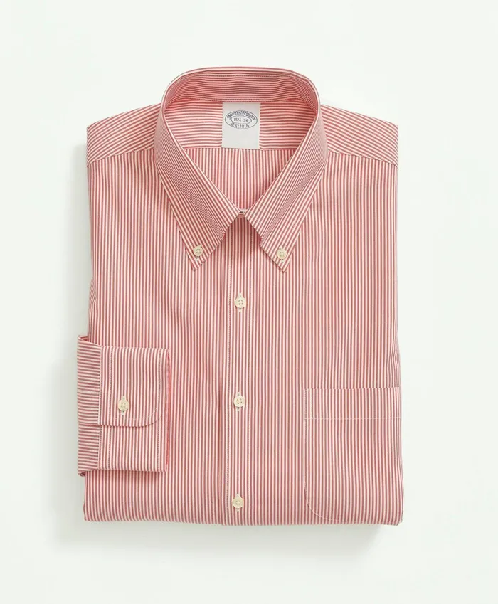 Men Stretch Supima Cotton NonIron Pinpoint Oxford ButtonDown Collar Candy Stripe Dress Shirt Red Brooks Brothers Dress Shirts