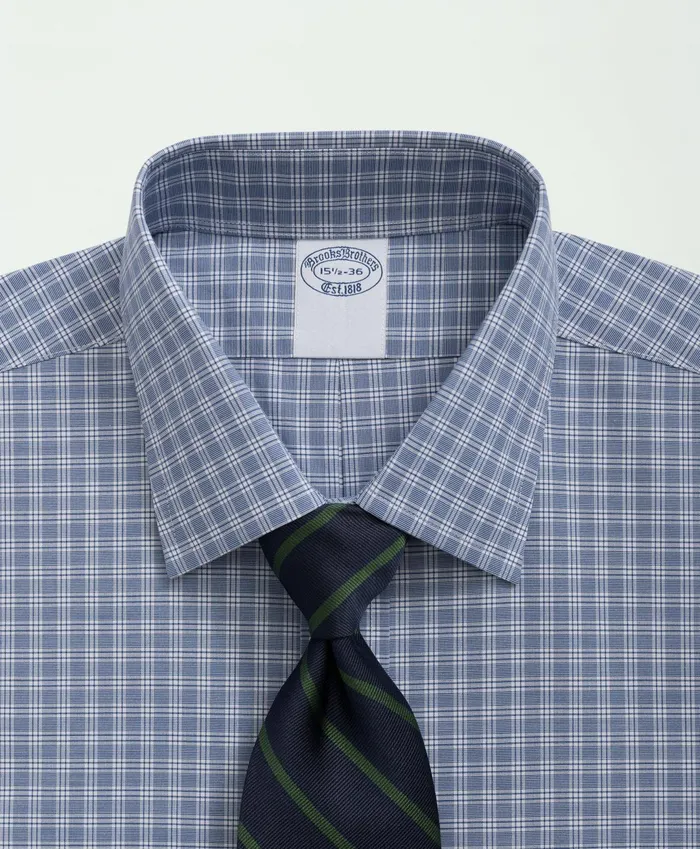 Men Stretch Supima Cotton NonIron Poplin Ainsley Collar Checked Dress Shirt Bright Blue Brooks Brothers Dress Shirts
