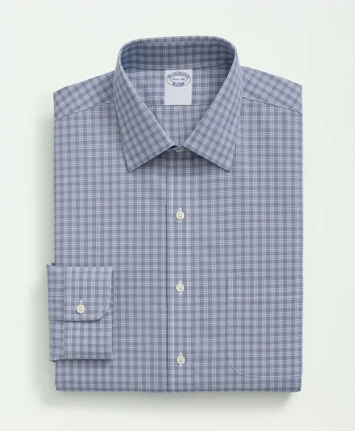 Men Stretch Supima Cotton NonIron Poplin Ainsley Collar Checked Dress Shirt Bright Blue Brooks Brothers Dress Shirts