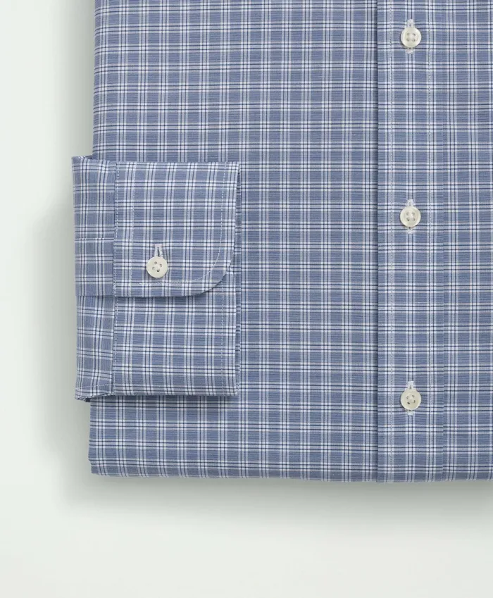 Men Stretch Supima Cotton NonIron Poplin Ainsley Collar Checked Dress Shirt Bright Blue Brooks Brothers Dress Shirts