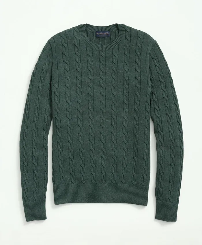 Men Supima Cotton Cable Crewneck Sweater Dark Green Brooks Brothers Sweaters