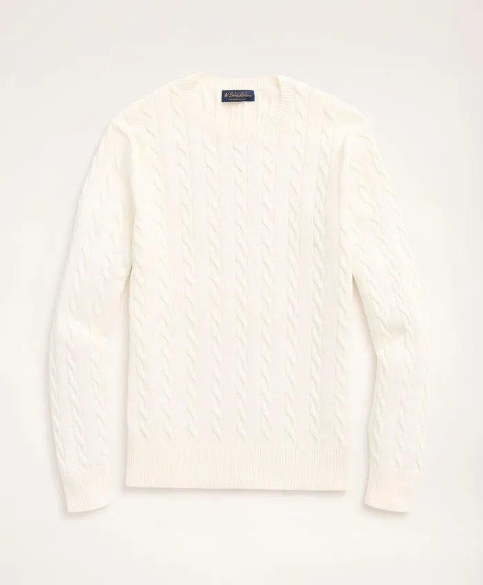 Men Supima Cotton Cable Crewneck Sweater Ivory Brooks Brothers Sweaters
