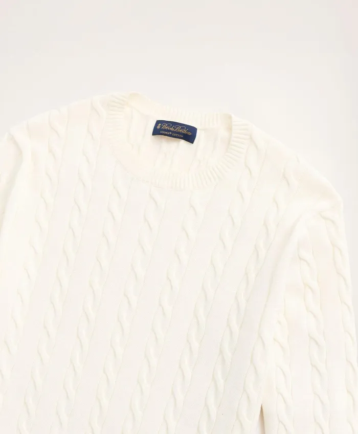 Men Supima Cotton Cable Crewneck Sweater Ivory Brooks Brothers Sweaters