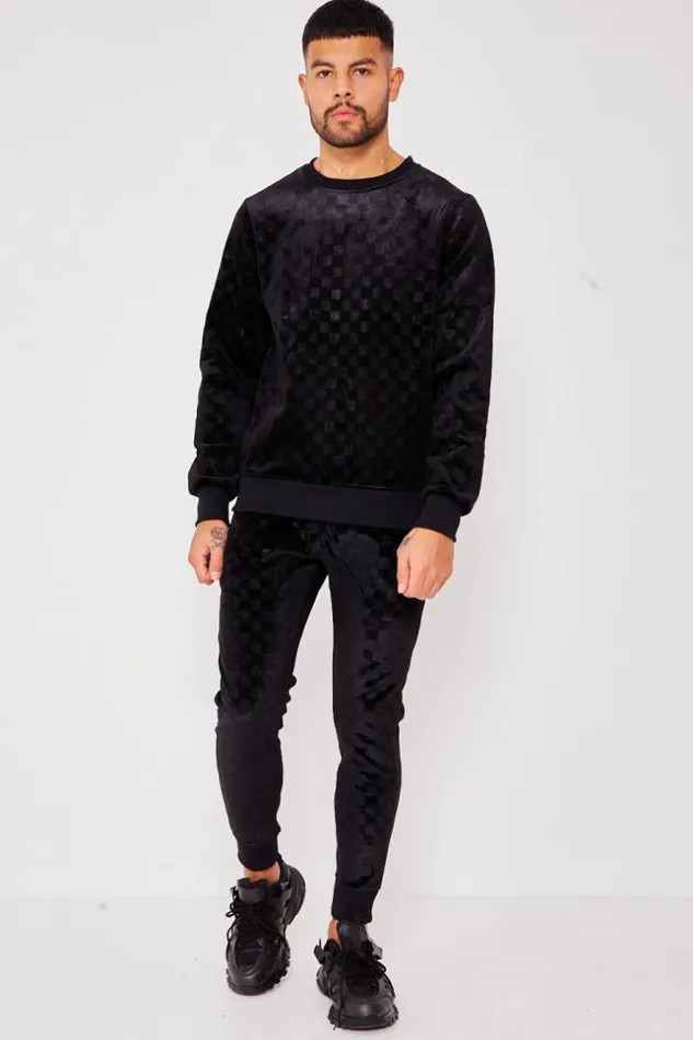 Men Sweatshirt With Checkerboard Pattern In Black Velvet Black Brentiny Paris Sweatshirts and Pullovers